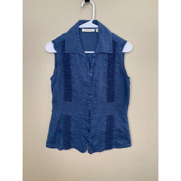 Vintage Coldwater Creek Womens Blue Sleeveless Button-Front Linen Top Size S - Picture 1 of 7